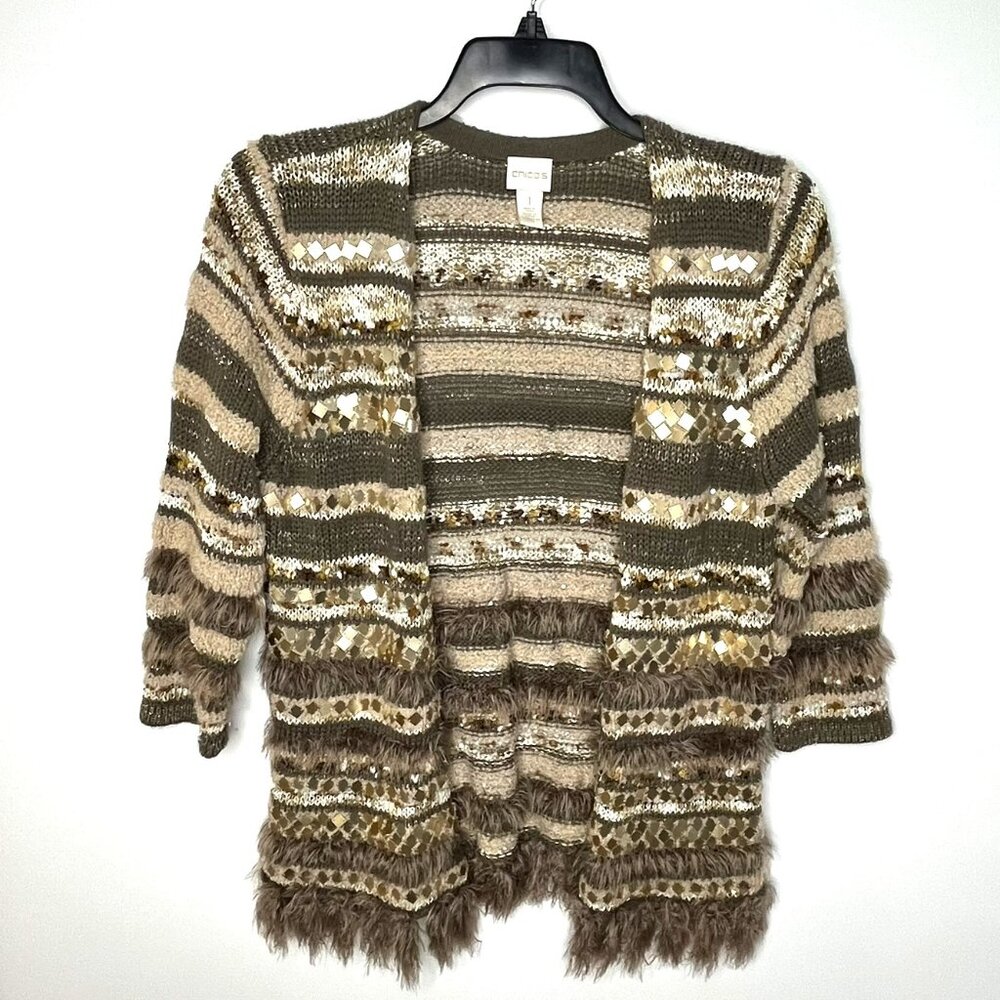 Chicos Greta Cardigan Multi Textured Mirror Sequins Wool Boho Festive, Size 1